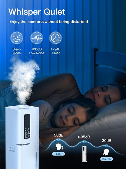 Zeova 10L/2.64Gal Humidifiers for Bedroom, Top Fill Quiet Ultrasonic Cool Mist Humidifier Large Room, Covers 550ft², 60H Runtime, 24H Timer, 3 Mist Modes Humidifiers for Home, Office, Plants, White