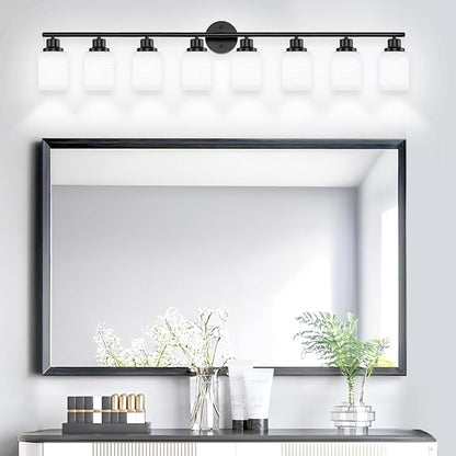 Guliaofo 8-Light Vanity Lights, Black Bathroom Light Fixture with Striped Textured Milky White Glass Shade, Modern Vanity Lighting Fixture for Bathroom Wall Light Over Mirror, E26 Wall Sconce