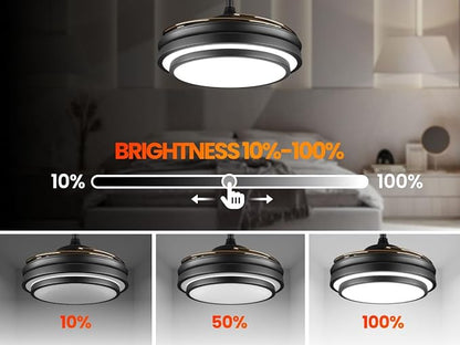 42 Inch Black Modern Ceiling Fan with Lights and APP Control,Retractable Fandelier Celing Fan with Light, 6 Speed,Light Dimmable Memory,Silent Reversible Motor for Bedroom Kitchen Living Room