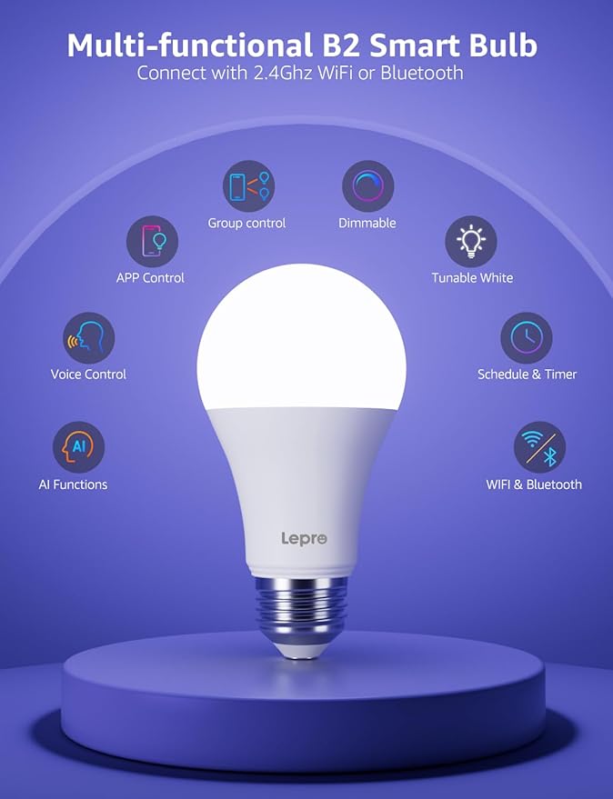 Lepro B2 AI Smart Light Bulbs - 1100LM WiFi & Bluetooth RGBWW Color Changing LED Bulb, Works with Alexa & Google Assistant, Personalized Al Lighting Designer, AI Voice Control, 2.4GHz Only, 2 Pack