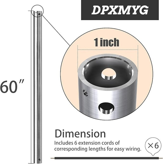 DPXMYG 60 inch Ceiling Fan Downrod with Extension Cord, 5 FT Brushed Nickel Downrod for Ceiling Fan, 1 inch Outside Diameter, Ceiling Fan Boom Suitable for a Wide Range of Fans (Nickel, Not Threaded)