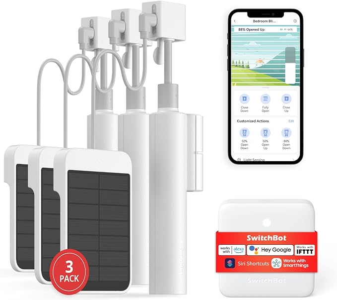 SwitchBot Smart Electric Motorized Blinds Kit - 3Pack with 2.4G WiFi Remote Control, Solar Powered, Compatible with Alexa, Google Home and Siri, Light Sensing Control, Unlimited Group Control