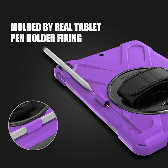 ZenRich Shockproof Case for iPad 9th/8th/7th Generation 10.2 inch 2021/2020/2019, Heavy Duty Rugged Case with Pencil Holder/360° Rotating Kickstand/Handle/Carrying Strap, Purple