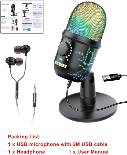 USB Microphone for PC, Mac, PS4, PS5, RGB Computer Microphone with Monitor, Mute and Noise Reduction, Great for Recording, Streaming, Gaming, Podcasting
