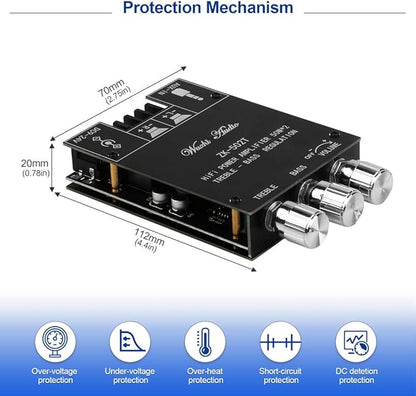 ZK-502T Power Amp Bluetooth 5.0 Audio Amplifiers Board 2.0 Channel 50W+50W AUX BT DC12-24V Mini Stereo Amplifier Module with Treble and Bass for DIY Home Speakers