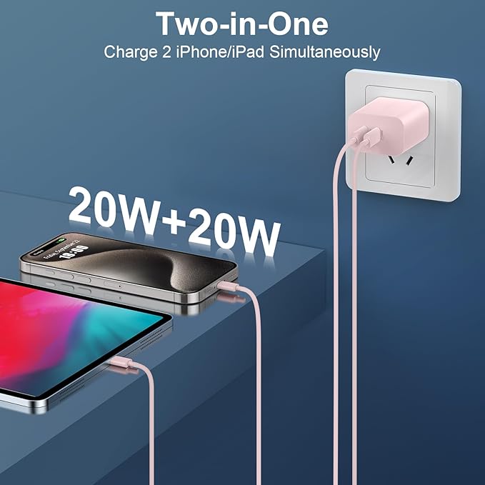 Fast Charger Block, 20W Dual Port USB C Fast Charger Block with 6FT Long USB C to C Charging Cable Cord for Phone 17 16 15 Pro Max/17 16 15 Pro/17 16 15/16 15 Plus-Pink