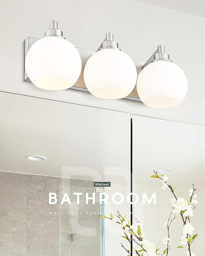METWET Bathroom Light Fixtures, 3-Light Brushed Nickel Vanity Light, Modern Wall Sconces with Milk White Globe Glass Shade, Vanity Lighting Fixtures Over Mirror, VL195-BN-ML-3