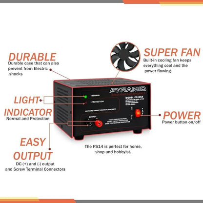 Pyramid Universal Compact Bench Power Supply - 12 Amp Linear Regulated Home Lab Benchtop AC-to-DC 12V Converter w/ 13.8 Volt DC 115V AC 270 Watt Power Input, Screw Type Terminals, Cooling Fan PS14KX