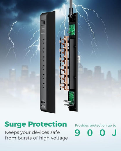 2 Pack Surge Protector Power Strip with 6 Outlets 4 USB Ports (2 USB C) 15-Foot Extension Cord Flat Plug 900 Joules 15A Circuit Breaker Wall Mount Desk USB Charging Station for Home Office