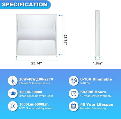 Cortelco 2x2 LED Troffer Light-20W/25W/30W/35W/40W,Up to 6000 Lumens,4 CCT Selectable 3000K/3500K/4000K/5000K,0-10V Dimmable Drop Ceiling Panel – 100-277V,ETL & DLC Listed,Commercial Grade,2 Pack