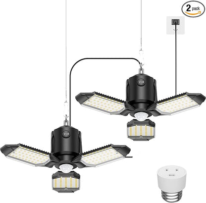 Kryoza Garage Motion Sensor Lights Plug-in 2Pack, 8000LM Super Bright Motion Activated LED Shop Light, 360° Detection & Retractable Steel Wire, Indoor Motion Light Bulb for Attic/Barn