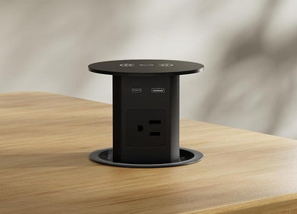 MAZZGOFOR Pop up Outlet - 4-inch Hole,4-AC Outlet,20W USB C,15W Wireless Charging,2-USB Port,Desktop Recessed Grommet Power Outlet for Kitchen Island Countertop,6 ft Cable,Black