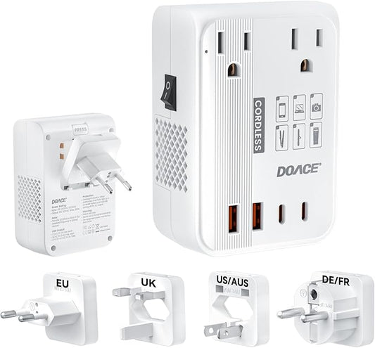 DOACE 220v to 110v converter 350W voltage converter us to europe for Hair Straightener/Curling Iron Converter for European Travel with 4-port USB Charging and UK/AU/US/EU Worldwide Plug Adapter, White