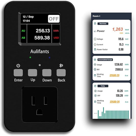 Aulifants LP405 25A Heavy Duty Smart Plug Meter Sockets Industrial Energy Monitor Trip-Rate Billing, OVP/UVP/OLP Color Screen Magnetic Relay Offline Logging WiFi Tuya/Smart Life for AC/Heaters