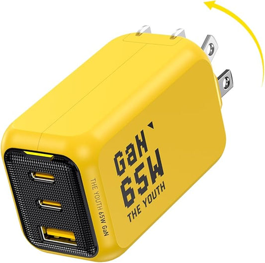 AOHI Youth 65W GaN+ USB C Charger Block, 3-Port PPS Type C Compact Foldable Laptop Fast Wall Charger for MacBook Pro/Air, iPad Pro, iPhone 16/15 Pro Max, Galaxy S24, Pixel, Steam Deck and More, Yellow