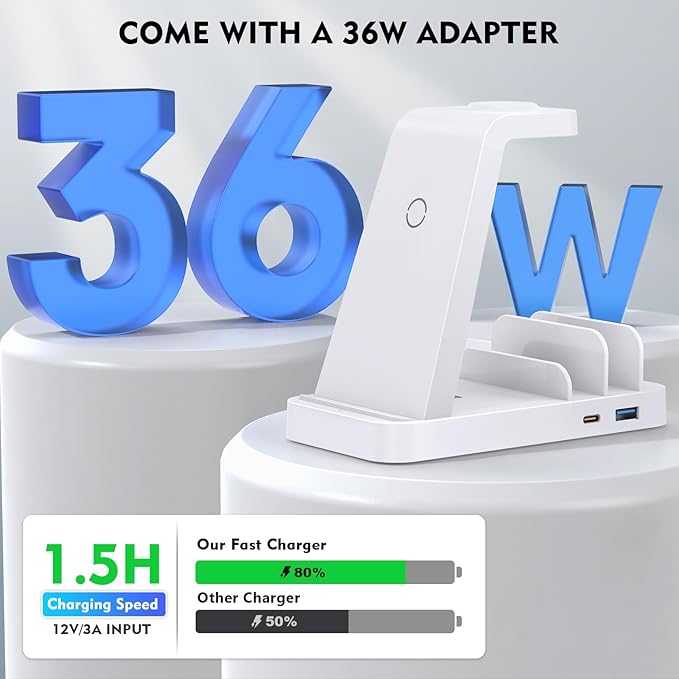 Wireless Charger for iPhone - 5 in 1 Charging Station for Multiple Devices Apple: Fast Wireless Charging Stand Dock for iPhone 16e 16 15 14 13 12 Pro Max Apple Watch Airpods(White)
