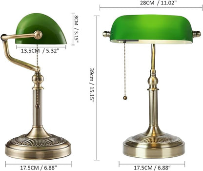 Newrays Glass Bankers Desk Lamp with Pull Chain Switch Plug in Fixture (Green-Simple, Simple Style)