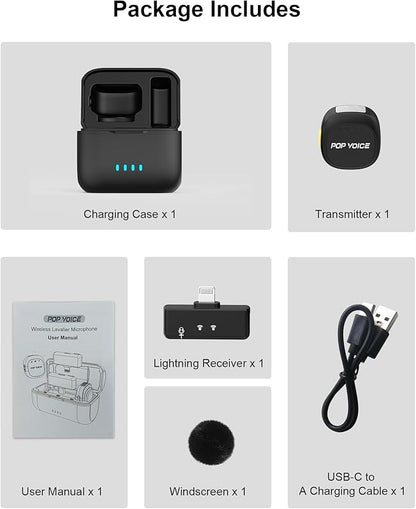 Mini Microphone for iPhone 14/13/12, Lightning Wireless Mic with Noise Cancellation, 48KHz 16-Bit, 20H Battery, 164ft Range, Magnetic & Clip Lavalier Microphone for Video Recording, YouTube, Tiktok