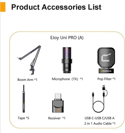 COMICA Wireless USB Microphone for Computer and Smartphone,48kHz/24bit RGB Cardioid Condenser Gaming Mic for Podcasting,Streaming,Recording with Boom Arm Stand-Black (EJoy Uni Pro A)