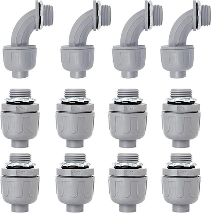 Wocloer 1/2 inch Liquid Tight Connector PVC Flexible Conduit Connector UL Listed Liquid Tight Connector Non-Metallic Electrical Conduit Fittings 12 Pack (8 Pcs 180D/4 Pcs 90D)