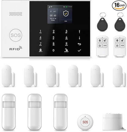 Home Alarm System Wireless,16Pcs WiFi+4G with Phone App & Remote Control Alarm System,Door/Window Sensors,Motion Detectors,for Smart Life or Tuya APP,Compatible with Alexa NO Monthly Fees