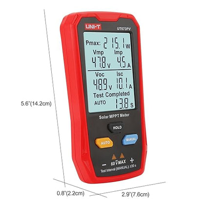 UNI-T UT673PV Solar Panel Tester, Solar MPPT Meter, 800W Photovoltaic Module Maximum Power Tester, Intelligent Manual/Auto MPPT Test, Large LCD and Multiple Result Displays