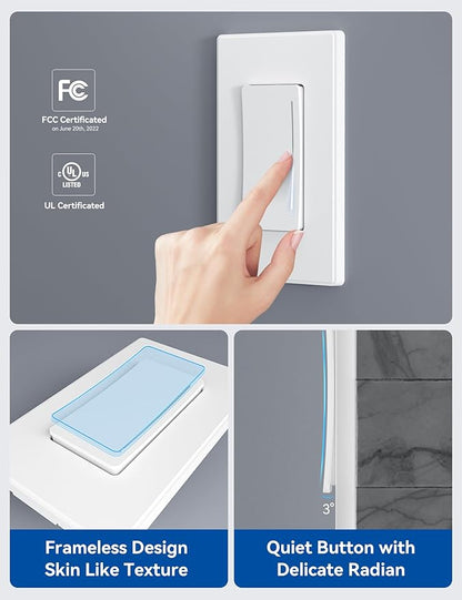 ELEGRP Smart Dimmer Light Switch DTR10, Single Pole Setup, 2.4GHz Wi-Fi Touch Dimmer Compatible with Alexa and Google Assistant, Needs Neutral Wire, No Hub Required, UL&FCC Listed, White, 4 Pack