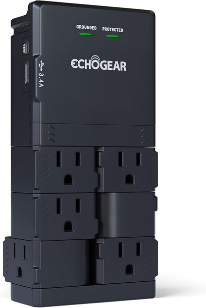 ECHOGEAR Wall Outlet with Surge Protection - Power & Protect 8 Devices with 6 Rotating AC Plugs & 2 USB Ports - Includes 1x USB-C Port & 1x USB-A Port - Black