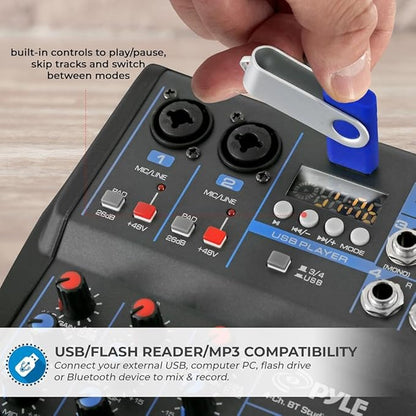 Pyle Professional Audio Mixer Sound Board Console System- Interface 4 Channel Digital USB Bluetooth MP3 Computer Input 48V Phantom Power Stereo DJ Studio Streaming FX 16-Bit DSP Processor- PMXU43BT.5