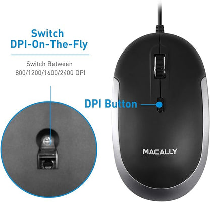 Macally Silent Wired Mouse - Slim & Compact USB Mouse for Apple Mac or Windows PC Laptop/Desktop - Designed with Optical Sensor & DPI Switch - Simple & Comfortable Wired Computer Mice (Space Gray)