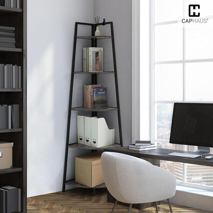 CAPHAUS Tall Corner Shelf Stand, 5-Tier Display Shelves, Ladder Corner Wood Storage Plant Bookshelf with Metal Frame, Versatile Shelving Unit Bookcase for Home Office Space, Dark Grey
