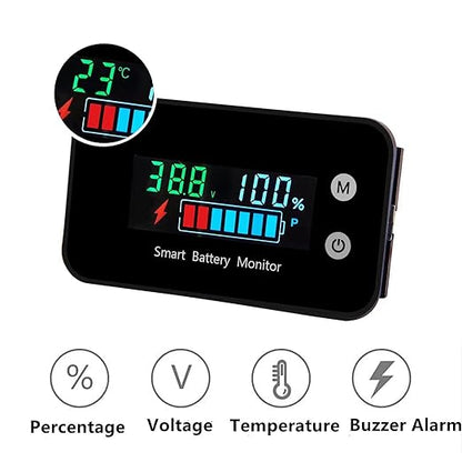 Battery Monitor12v 24v 36v 48v 60v 72v, Car,Golf cart Battery Tester Digital Display Capacity 7-100V Voltage Monitor Capacity Percentage Tester with Buzzer Alarm and Temperature(Not Waterproof)