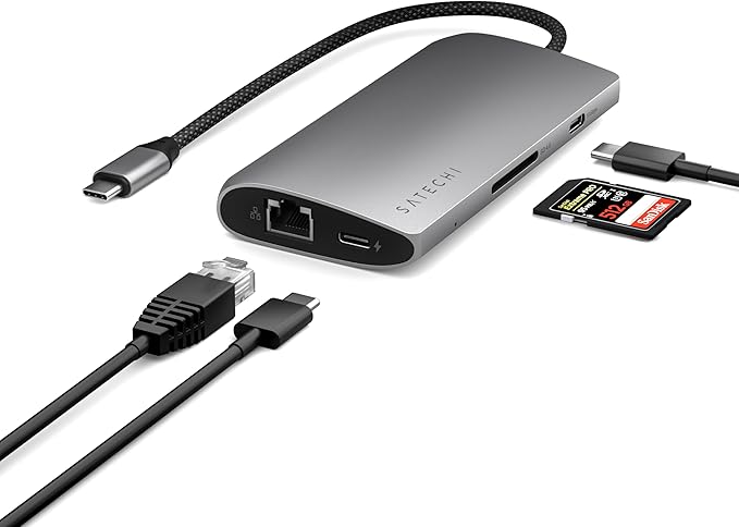 Satechi 8 in 1 USB C Hub Multiport Adapter V3, 8K HDMI, 100W Charging, 4 USB Data Ports, Ethernet, SD Card Reader, for Laptop, for Mac/Windows, MacBook Air/Pro M5/M4, iPad - Space Gray