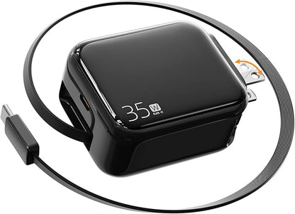 Retractable Wall Charger, 35W Fast USB C Charger Block with Extendable Type C Charing Cable for iPhone 16 15 Galaxy S25 24, Portable Retractable Charging Plug for Home Kitchen Office Travel