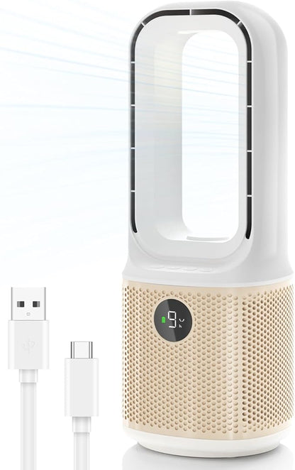 MEIIS Desk Fan, Small Quiet Bladeless Fan with 9 Speed Adjustment & 3 Light Modes, 14 Inch USB Rechargeable with 5000mAh Battery, 60° Oscillating Cooling Fans for Office, Living Room, Bedroom White
