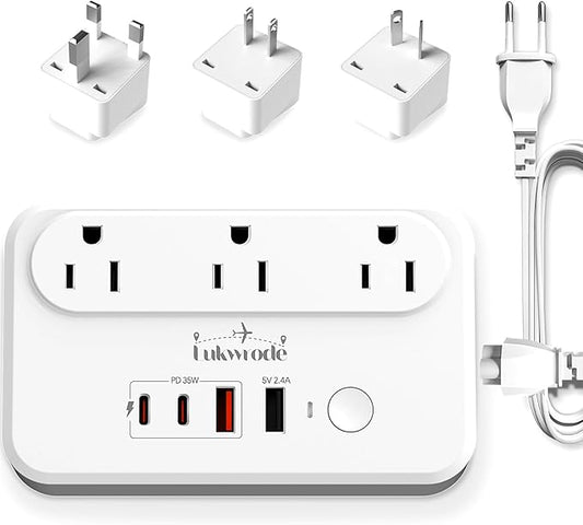 Lukwrode 220V to 110V Voltage Converter Universal Travel Adapter with 35W PD 2 Type C Port 2 USB A Port,US to Europe International Power Converter Combo Plug for Worldwide European US EU AU UK White-W