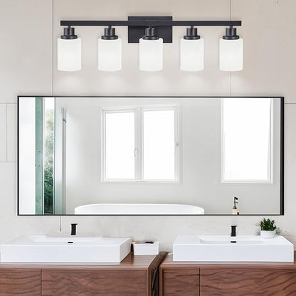 DIKAIDA Bathroom Vanity Light, 5-Light Vanity Lighting Fixture Over Mirror for Bathroom, 30" Matte Black Wall Light Fixture, Wall Sconces with Frosted Glass Shade for Mirror Bedroom Living Room