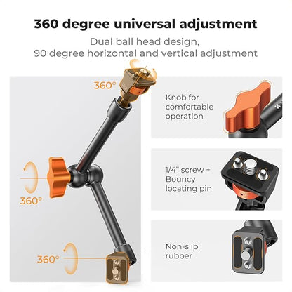K&F CONCEPT 11" Magic Arm 1/4" Screw 360° Ball Heads Articulating Friction Camera Arm Mount for Monitor, LED Light, Webcam, Microphone, Camera Cage