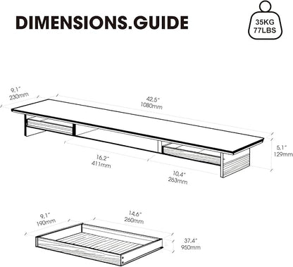 Fenge Dual Monitor Stand with Drawer, 42.5 Inch Large Monitor Riser with Acrylic Legs Supports, Computer Stand for Desk, 2 Tier Wood Desk Shelf with Storage Organizer for PC, Laptop, Printer, TV