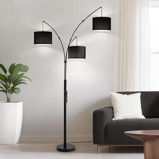 Fansdrick Floor lamp with Remote, 3 Light Arc Floor Lamps for Living Room, 2400LM Tall Standing Floor Lamps with Black Shades, 80" Large Floor Lamp for Bedroom, Office