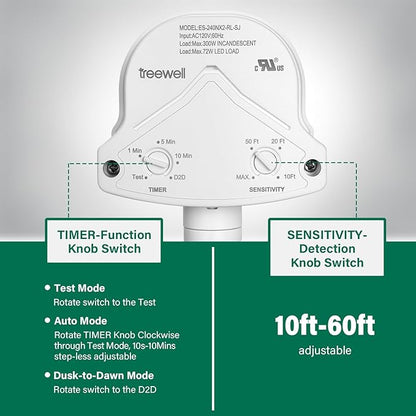 TREEWELL 240-Degree Replacement Motion Detector, Adjustable Time & Detection Sensitivity Up to 60 Feet Range, 3 Working Modes Pir Motion Sensor for Security Floodlight, White, UL Listed