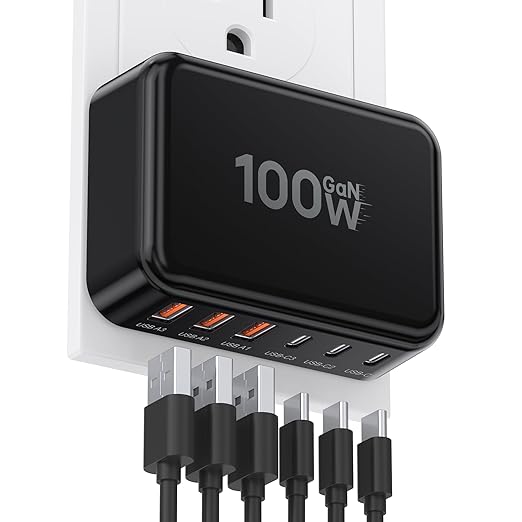 Fast Charger Block, GaN 6 Port USB C Charging Station Hub Cube, 100W Multiport Type C Wall Charger Power Strip Plug with PD 3.0+QC for iPhone 13 14 15 16 17 Pro Max XR XS 8 7, Samsung, iPad, Table