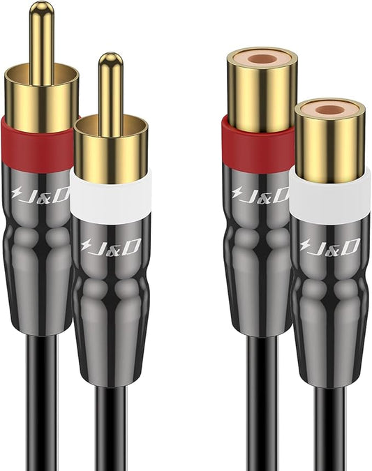 J&D 2 RCA Extension Cable Male to Female, Copper Shell Gold-Plated 2RCA Male to 2RCA Female Cable Stereo Audio Extender Cord Adapter, 15 Feet