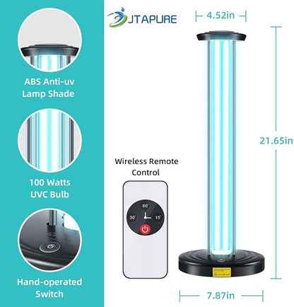 JTAPURE 100W UV Light with Ozone, 3-Gear Timer & Remote Control, Home Purification Device, Dust Mite & Mold Eliminator, Bed Bug Remover for Bathroom, Bedroom, Basement