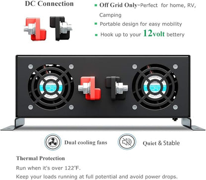 WZRELB 5000W 12VDC 120VAC Pure Sine Wave Power Inverter, 2 AC Outlets, Wired Remote Control, RV (RBP-500012WR)