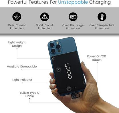 Clutch - Pro USB-C Portable Charger - Compatible with iPhone 15,16, 17 & Android Devices - Power Bank Magnetic Battery - TSA Travel Approved - USB Rechargeable - Built-in Cable - 5000 mAh - 3.7oz