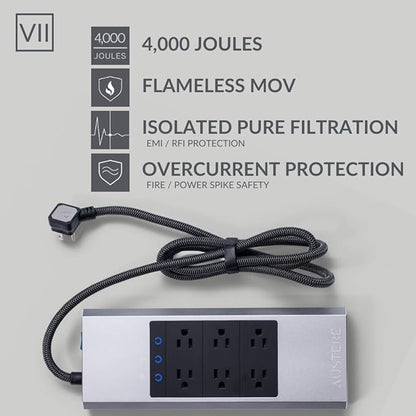 Austere VII Series, 6 Outlet Surge Protector Power Strip, 4000 Joules, Isolated EMI/RFI Filtering, 1 USB-C 45W Fast Charger, 2 USB-C and 2 USB-A 2.4 amp Ports, 7 Year Component Guarantee