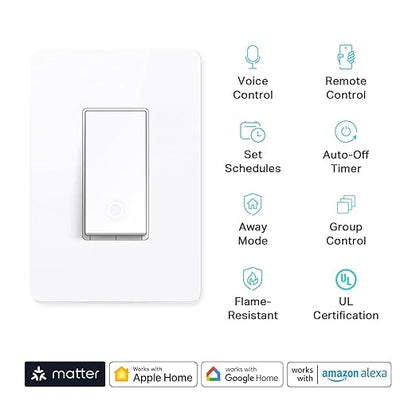 Kasa Matter Smart Light Switch: Voice Control w/Siri, Alexa & Google Assistant | UL Certified | Timer & Schedule | Easy Guided Install | Neutral Wire Required | Single Pole | 2.4GHz Wi-Fi | KS205