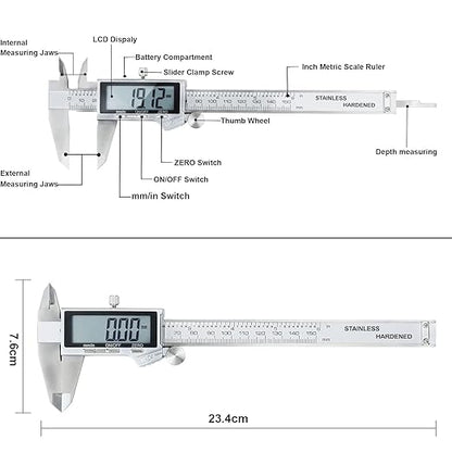 Electronic Digital Vernier Caliper, LOUISWARE Stainless Steel Caliper 150mm/0-6 inch Measuring Tools with Extra-Large LCD Screen, inch/Metric Conversion