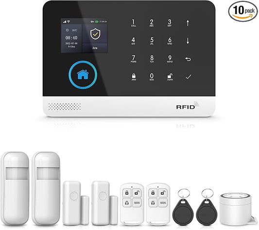 PGST 10 PCS Home Security Systems with LCD Touch Screen,Wireless GSM 4G Burglar Door Open Alarm Systems,120dB Loud Siren,Phone App Control for Villa,Apartment,Home Pets,Kids Safety